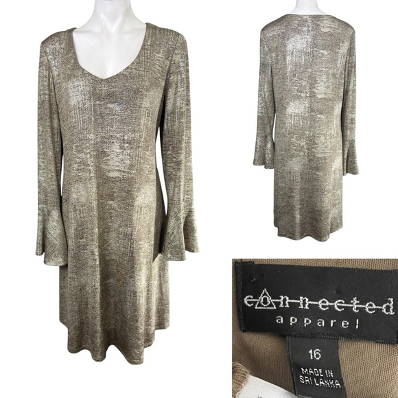 Connected Apparel dress plus size 16 gold metallic long bell sleeve shift - Picture 1 of 5